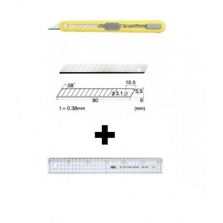 Set Cutter / cutit utilitar mic cu cartus de lame -NT Cutter - 9mm + 10 lame de schimb + rigla 30 cm